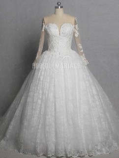 Robe de mariée luxe robe princesse à la main en dentelle manches longues